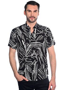 Mizumi Black With White Abstract Line Print Short Sleeve Button Up Shirt/4339